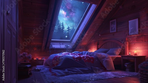 An enchanting attic bedroom bathed in a soft glow  with a comforting blanket and a skylight that frames the mesmerizing cosmic sky. Magical Attic Bedroom with Cosmic Sky View lofi anime cartoon  