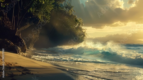 A secluded beach bathed in the soft light of dawn, a sanctuary of peace and tranquility amidst the crashing waves.