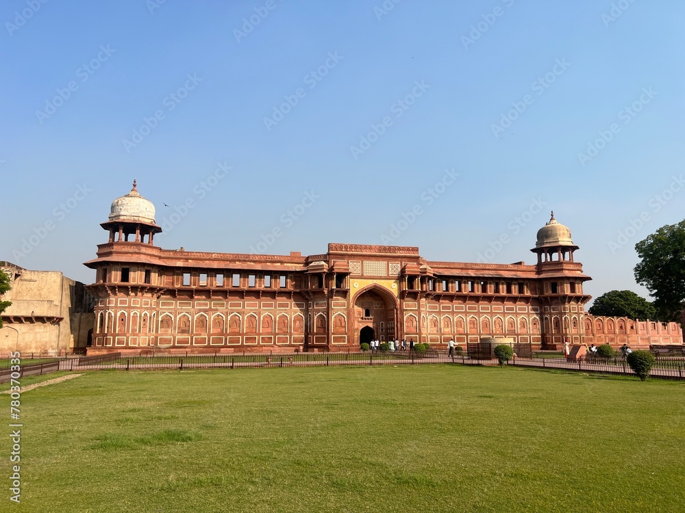 Agra Fort is a Historic red sandstone fort. Agra Fort is a UNESCO World Heritage site in the city of Agra India close up with selective focus and blur