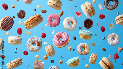 Confectionery and sweets collage. Donuts, cupcakes, cookies, macaroons flying over blue background