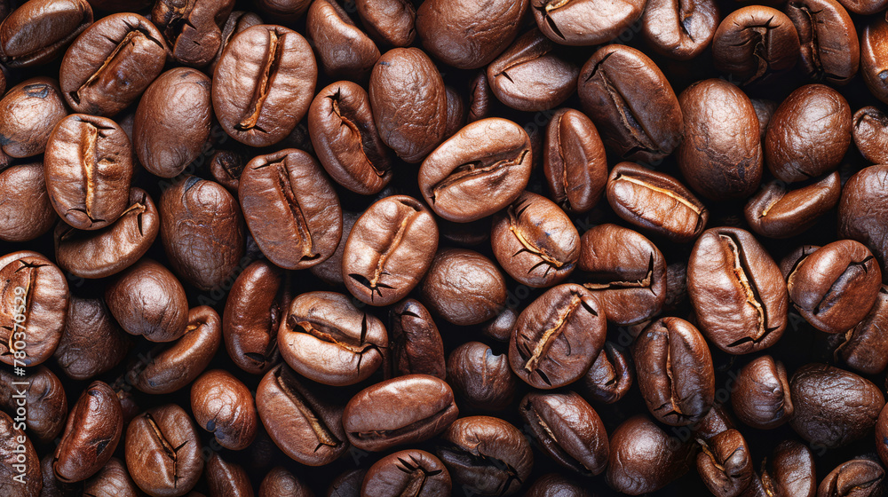 Fototapeta premium Creative banner panorama wallpaper, seamless pattern texture, top view of brown roasted coffee beans