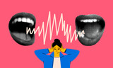 Screaming halftone lips. Woman covering her ears with her hands. Vector illustration of hate on social networks. Psychological pressure. Gossip behind your back. Imposing your opinion