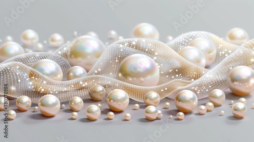 Close up of white pearls on background. White pearl texture. Concept of accessories, jewelry. © Alina Tymofieieva