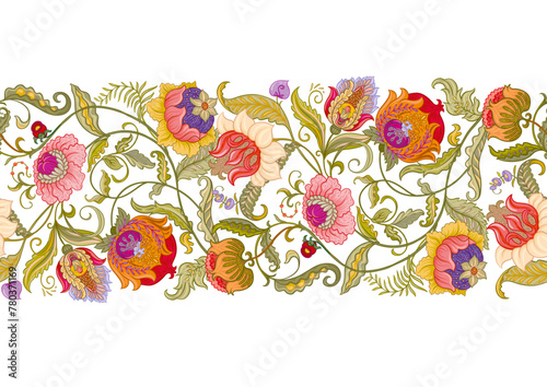 Fantasy flowers in retro, vintage, jacobean embroidery style. Seamless pattern, background. Vector illustration.