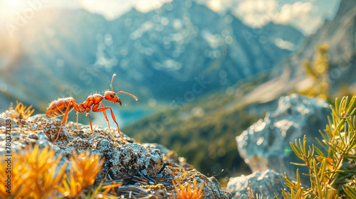 Closeup of a fire ant standing on the peak of a mountain and looking at a beautiful panorama view of a valley photo