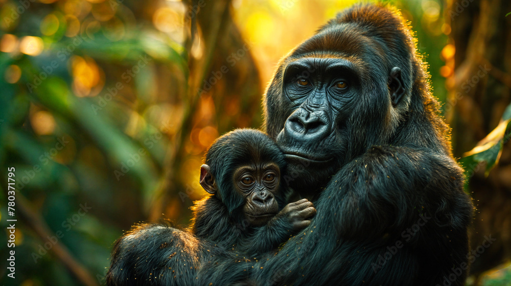 Closeup of a gorilla mother with its baby in the tropical rainforest