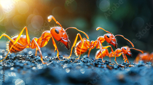 Macro of a group of fire ants standing on the ground photo