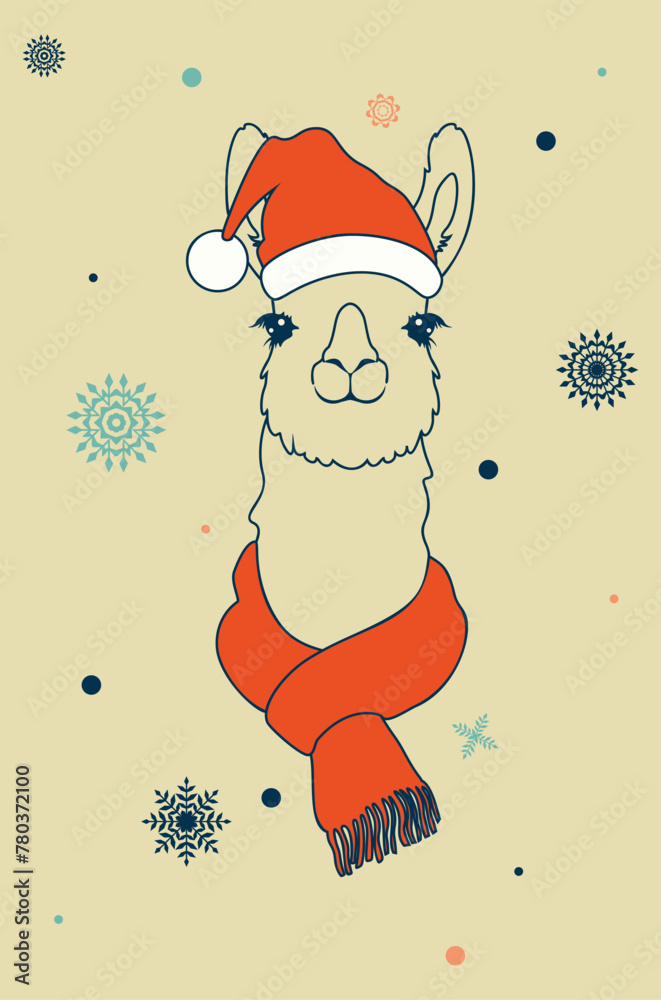 Obraz premium Portrait of llama in red hat and scarf. Cute llama wear red christmas hat and scarf illustration.