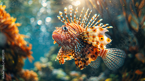 A lionfish swimming at a reef in the ocean