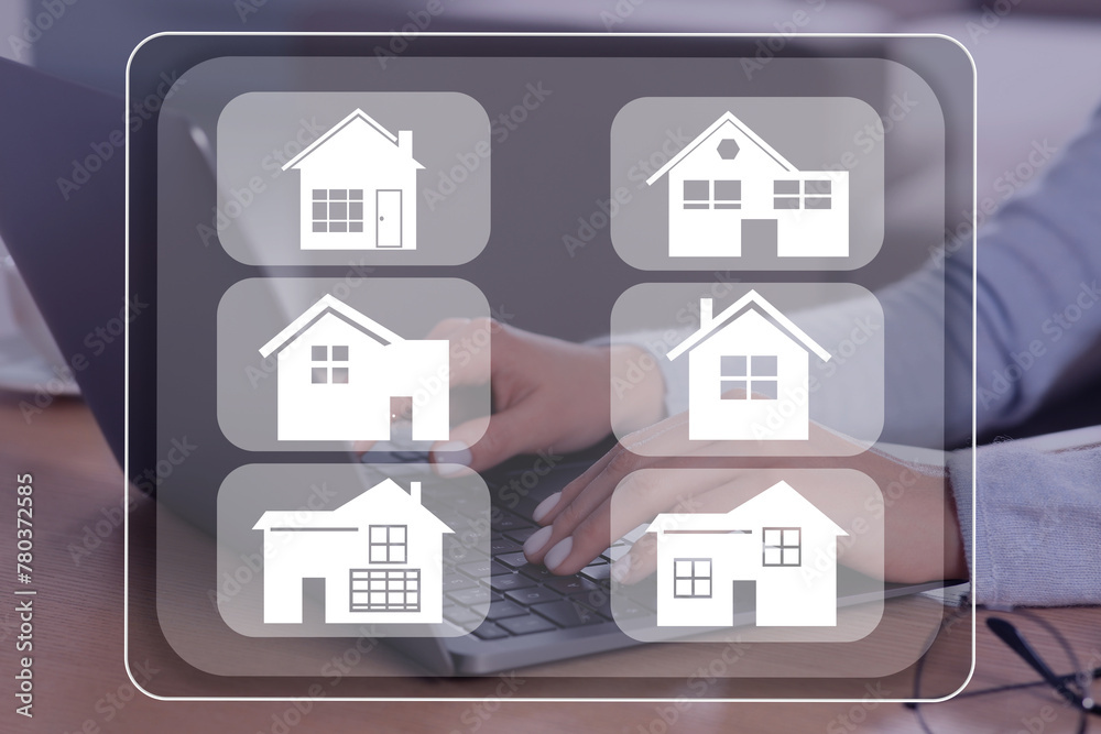 House search. Woman choosing home via laptop at table, closeup. Illustrations of different buildings as real estate variations House search. Woman choosing home via laptop at table, closeup. Illustrations of different buildings as real estate variations
