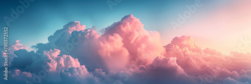 A pastel pink and blue sky clouds background, colorful clouds, banner 