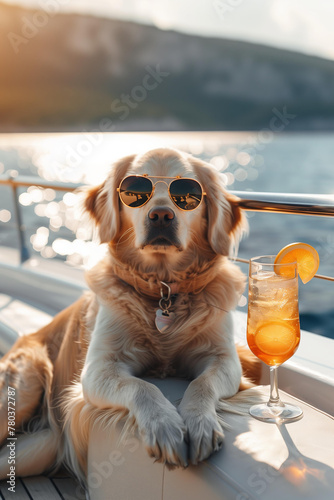 big dog wearing sunglasses, relaxing on yacht with a cocktail, summer vacation concept