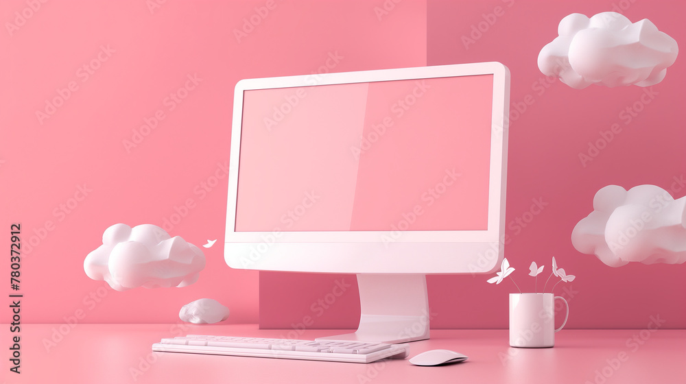 Modern Pink Monochromatic Desk Setup with Abstract Geometric Shapes Modern Pink Monochromatic Desk Setup with Abstract Geometric Shapes