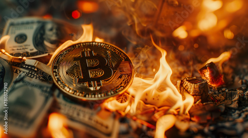Bitcoin coins on a pile of burned dollars. Bitcoin the currency of the future.