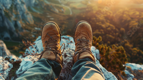 Close up of feet with hiking shoes from a man resting on top of a high hill or rock photo