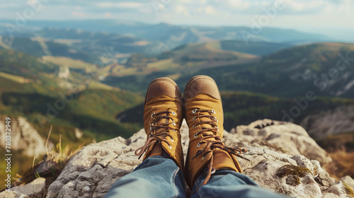 Close up of feet with hiking shoes from a man resting on top of a high hill or rock
