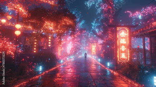 Digital art depiction of a vibrant, futuristic city street illumined by glowing trees, neon signs, and lanterns, evoking a sense of wonder and enchantment.