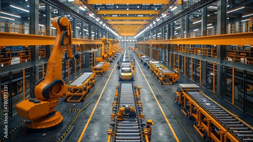 An aerial view of a modern car factory featuring advanced automated robot arms working on the assembly line, showcasing industrial automation and technology.