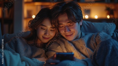 A young, intimate couple cuddles while engaging with a smartphone, surrounded by soft evening indoor lighting that suggests warmth and togetherness.