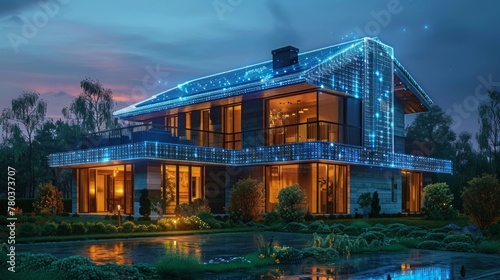 High-end suburban house adorned with blue LED lights  reflecting off a pond during the early hours of nightfall  showcasing modern living and digital enhancement.
