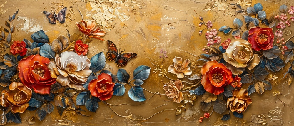 Retroinspired oil canvas, golden brushstrokes, textured modern art, featuring nostalgic flowers, leaves, and a butterfly
