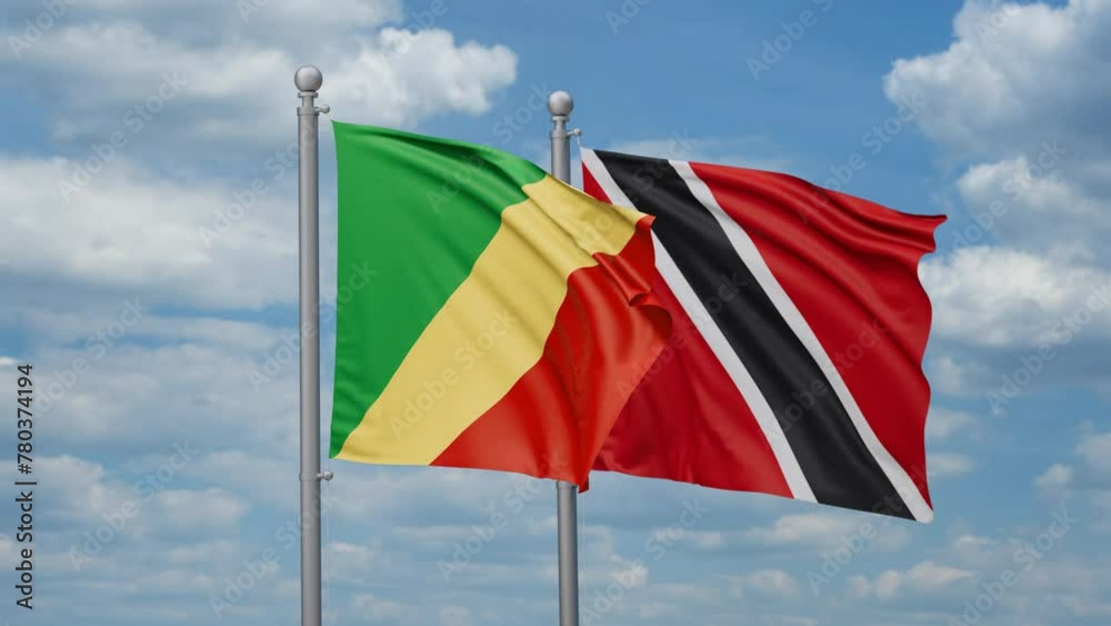 Trinidad and Tobago and Republic of the Congo two flags waving together, looped video, two country cooperation concept Trinidad and Tobago and Republic of the Congo two flags waving together, looped video, two country cooperation concept