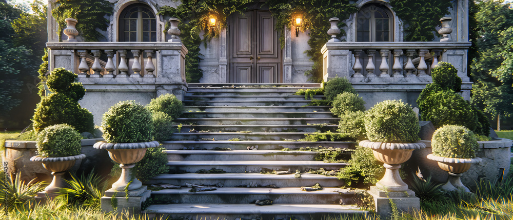 Classic Entrance with Stone Steps and Greenery, Timeless Beauty in Architecture, Peaceful Home Ambiance