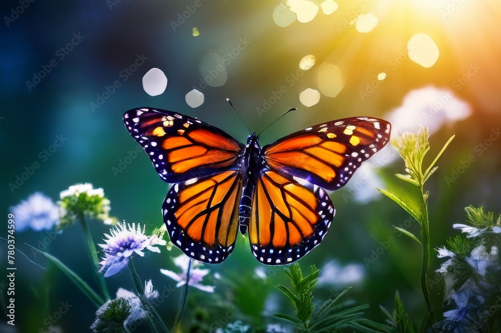 Fototapeta premium Monarch butterfly on a green meadow with flowers