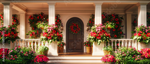 Classic Home Entrance, Flower-Lined Pathway Leading to an Elegant Wooden Door, Welcoming Residential Facade