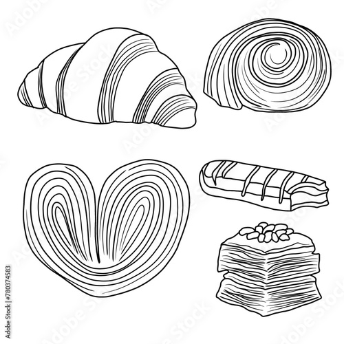 Vector illustration Set of Pastry Food hand drawn sketch, various pastry line art, Containing Croissant, Danish pastry, Puff pastry, Éclair,  Baklava isolated on white, For kids coloring book.