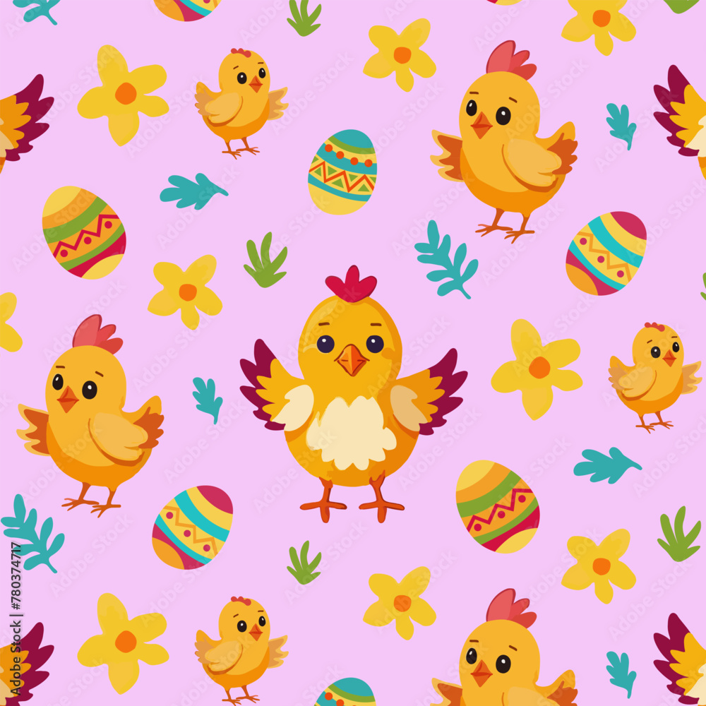 Pink Easter pattern with chicks, eggs, yellow flowers and grass