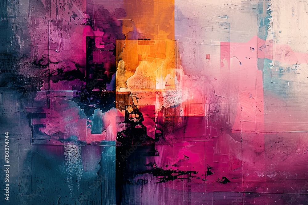 Abstract collage of torn posters with vivid paint splatters and textured layers, showcasing urban street art aesthetics..
