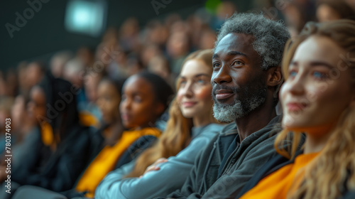 Ddiverse audience attentively listens to a speaker at a professional educational event or lecture in an auditorium setting.