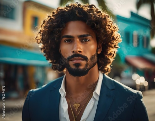 Handsome young man from the Caribbean. A brunette with tanned skin, a goatee, bright eyes and voluminous curls, conveying the vibrant spirit of Caribbean beauty.