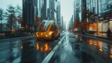 High fidelity image capturing a modern self-driving van moving along a rain-soaked street amidst towering city buildings.