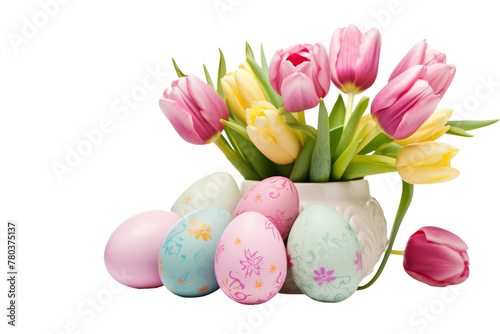 Vase Filled With Pink and Yellow Tulips. On a White or Clear Surface PNG Transparent Background.