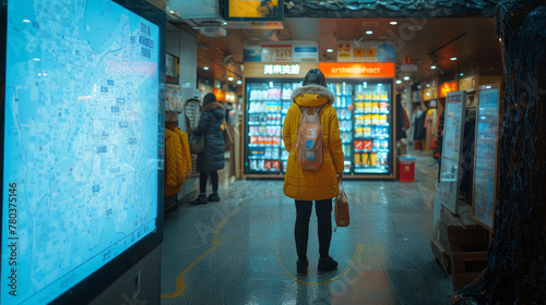 Person in a bright yellow jacket stands before a large interactive touchscreen display in a modern urban setting at night.
