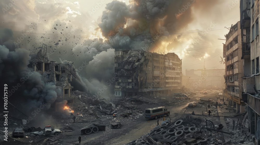 This somber image captures a destroyed building in Ukraine. The aftermath of missile strikes leaves behind rubble, with smoke billowing into the sky. Emergency workers are seen franticallGenerative AI - obrazy, fototapety, plakaty 