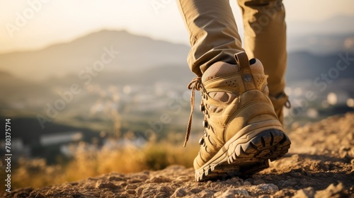 Hiker s macro boots exploring mountain landscape adventure in nature outdoors sport background