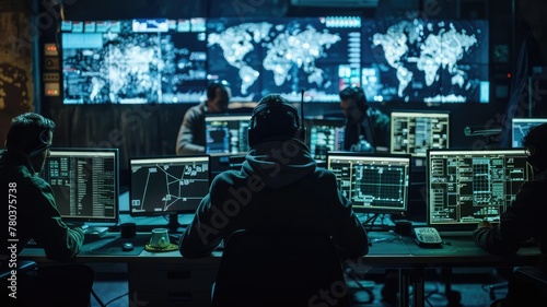 This dramatic image depicts a group of hackers gathered in a dark room, surrounded by computer screens displaying intricate digital maps of the Ukrainian power grid. They coordinate a sopGenerative AI