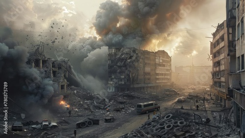 This somber image captures a destroyed building in Ukraine. The aftermath of missile strikes leaves behind rubble, with smoke billowing into the sky. Emergency workers are seen franticallGenerative AI photo