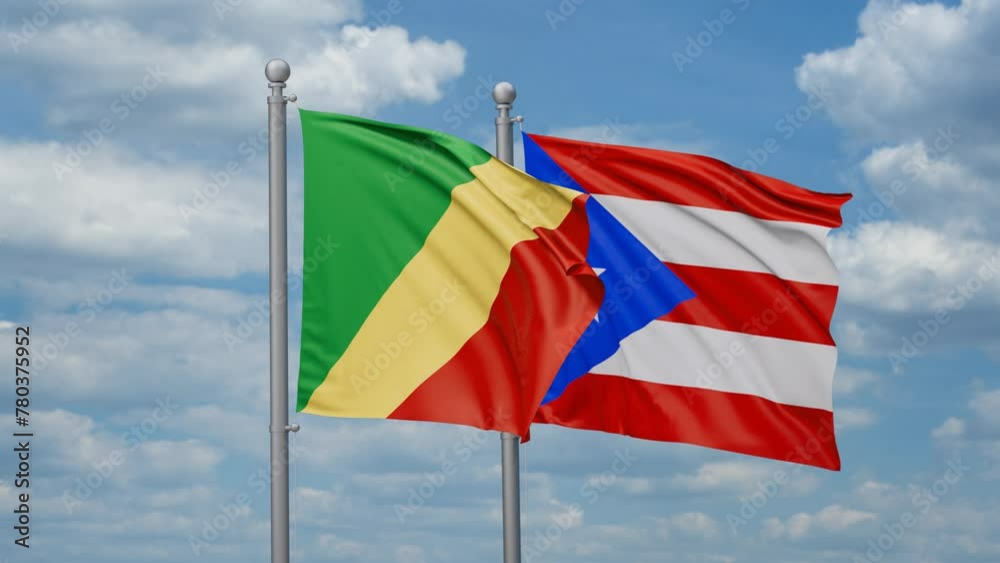Puerto Rico and Republic of the Congo two flags waving together, looped video, two country cooperation concept Puerto Rico and Republic of the Congo two flags waving together, looped video, two country cooperation concept