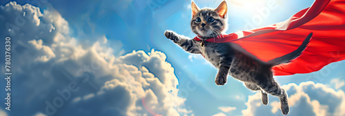 A cat in a red cape flies through the sky, Airborne Adventure: Cat Takes to the Sky in Red Cape
