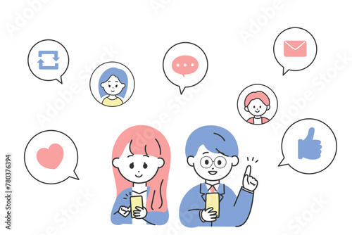 SNSをしているスーツの男女のイメージイラスト　