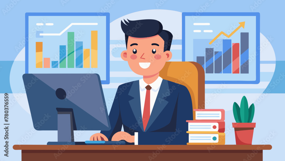 businessman sitting at desktop vector illustration