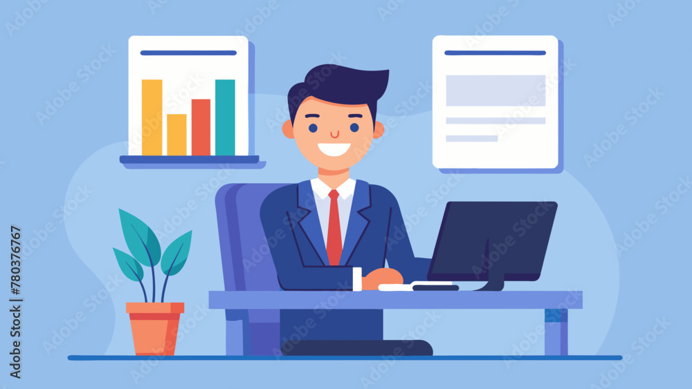 businessman sitting at desktop vector illustration