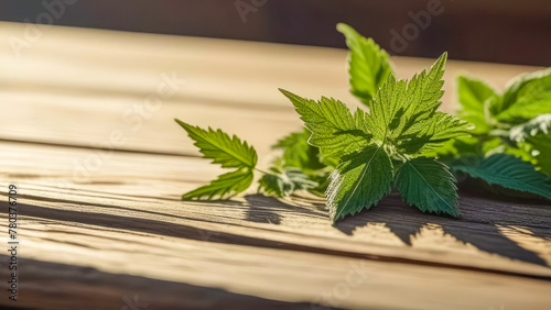 Green nettle leaves lying on a wooden table.