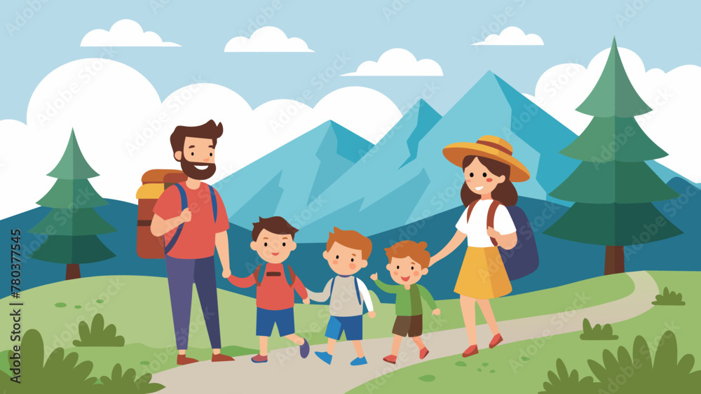 hiking father mother and children vector illustration hiking father mother and children vector illustration