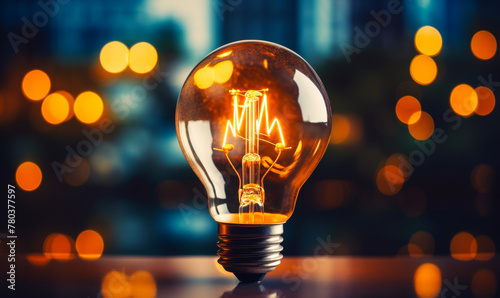 Glowing vintage light bulb illuminating on blurred night city background, creative innovation and bright idea concept with copy space