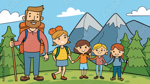 hiking father mother and children vector illustration